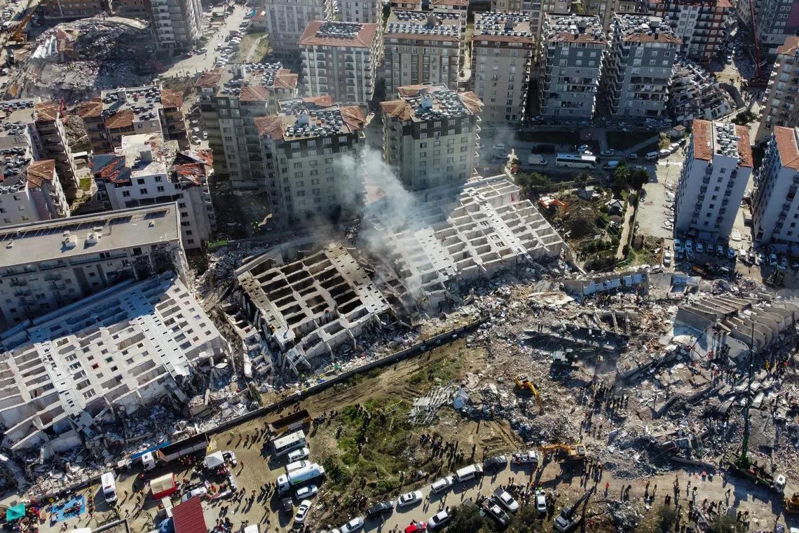 Collapsed buildings in Hatay, Turkey, on Feb 8, 2023.
