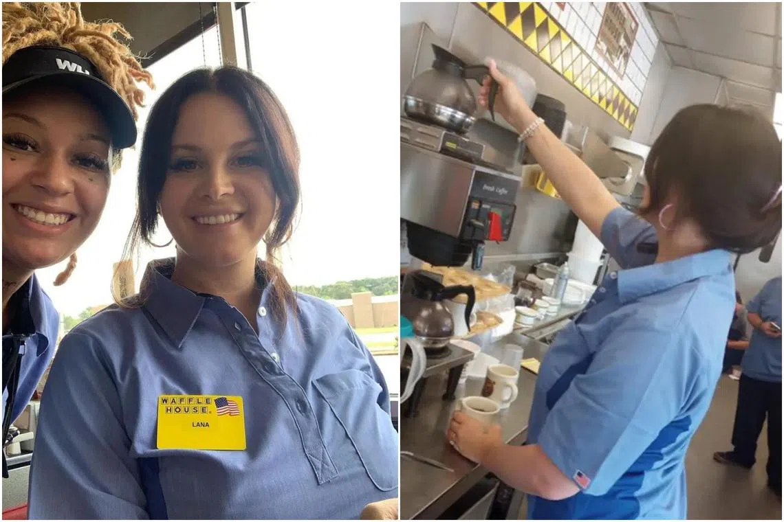 Photos and videos circulated on social media showed Del Rey wearing a blue Waffle House uniform.