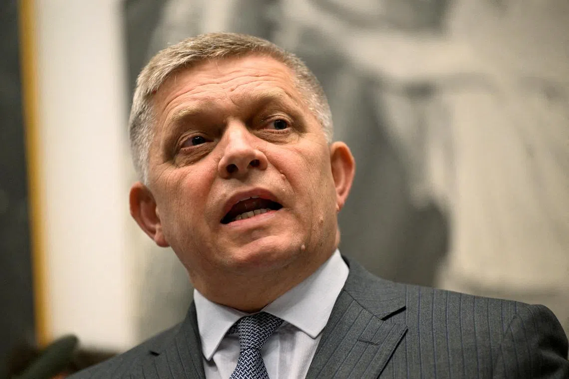 FILE PHOTO: Slovakia's Prime Minister Robert Fico attends a press conference in Handlova, central Slovakia May 15, 2025.  REUTERS/Radovan Stoklasa/File Photo