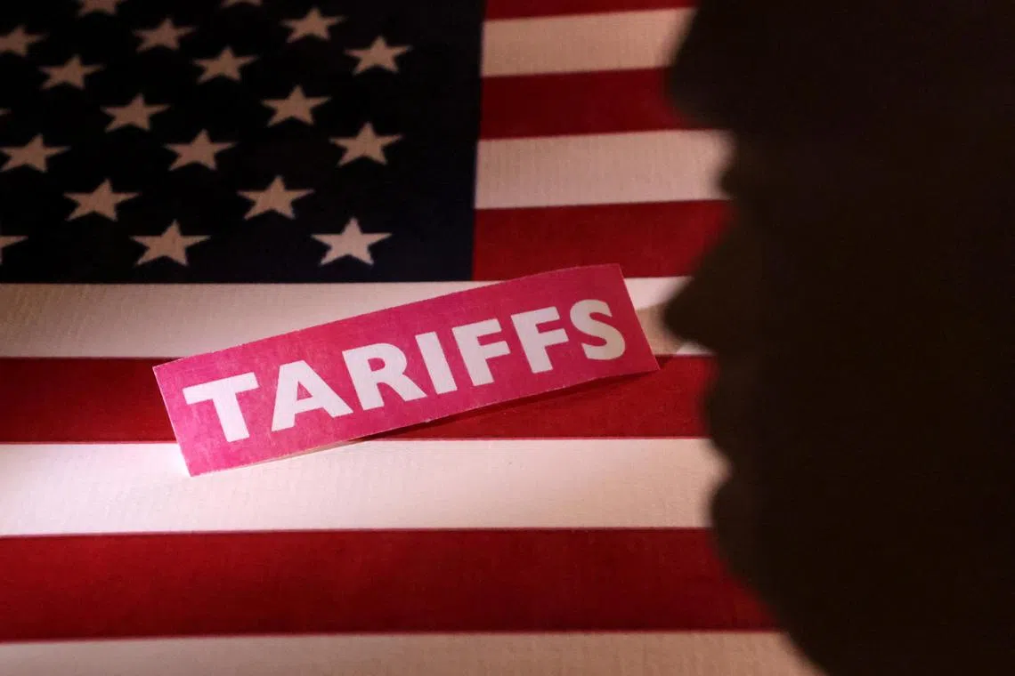 A 3D-printed figure of U.S. President Donald Trump, a U.S. flag and a "tariffs" label are seen in this illustration taken April 10, 2025. REUTERS/Dado Ruvic/Illustration