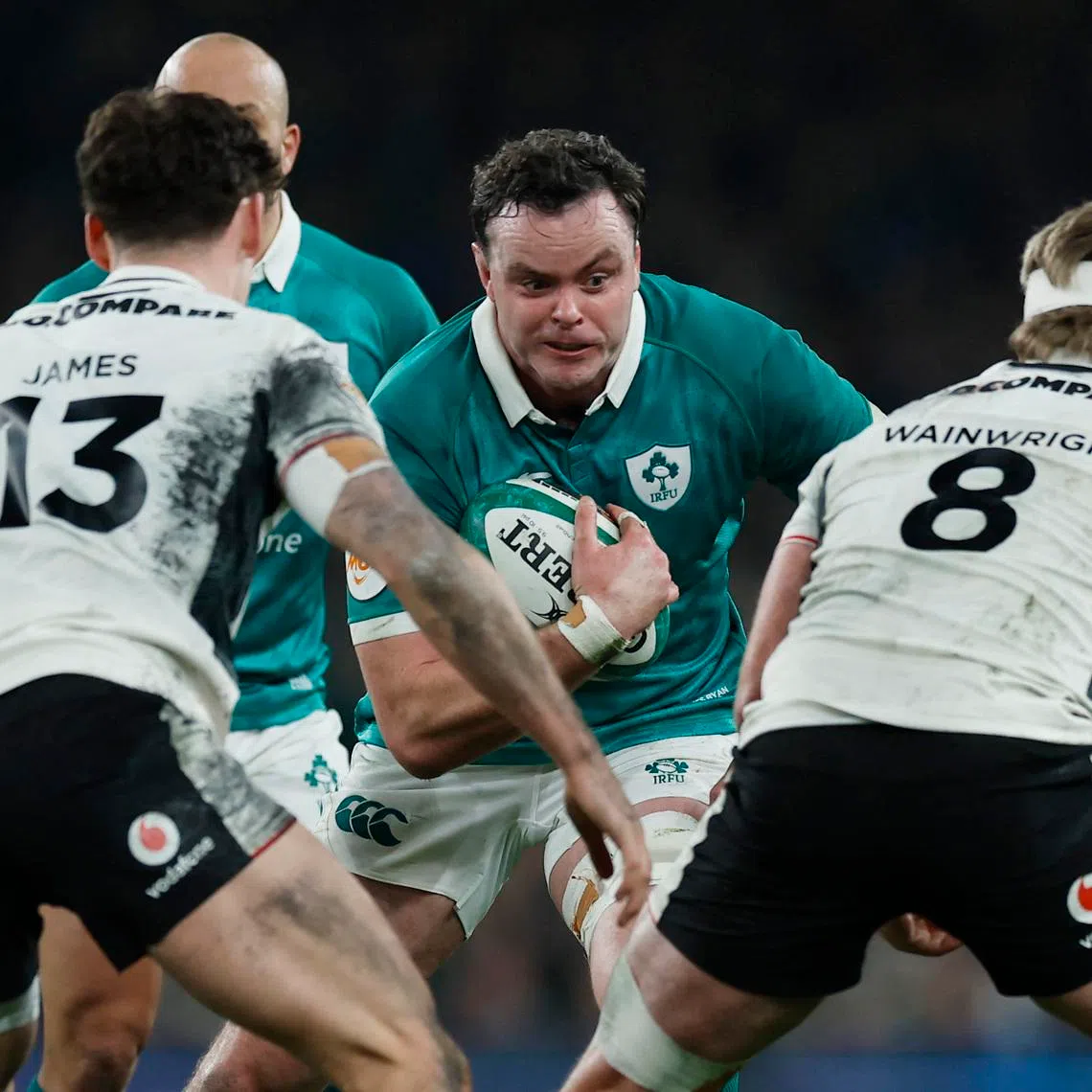 Rugby Union - Six Nations Championship - Ireland v Wales - Aviva Stadium, Dublin, Ireland - March 6, 2026 Ireland's James Ryan in action with Wales' Eddie James and Aaron Wainwright REUTERS/Clodagh Kilcoyne