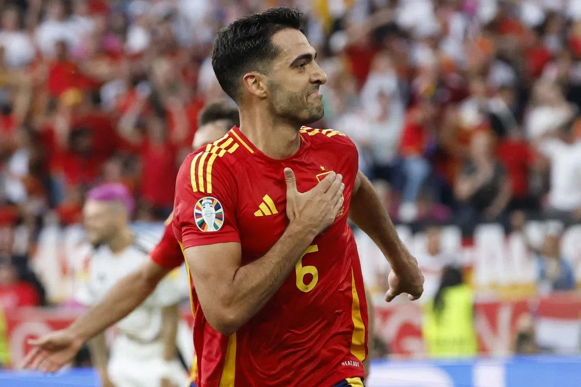 FILE PHOTO: Soccer Football - Euro 2024 - Quarter Final - Spain v Germany - Stuttgart Arena, Stuttgart, Germany - July 5, 2024 Spain's Mikel Merino celebrates scoring their second goal REUTERS/Heiko Becker/File photo