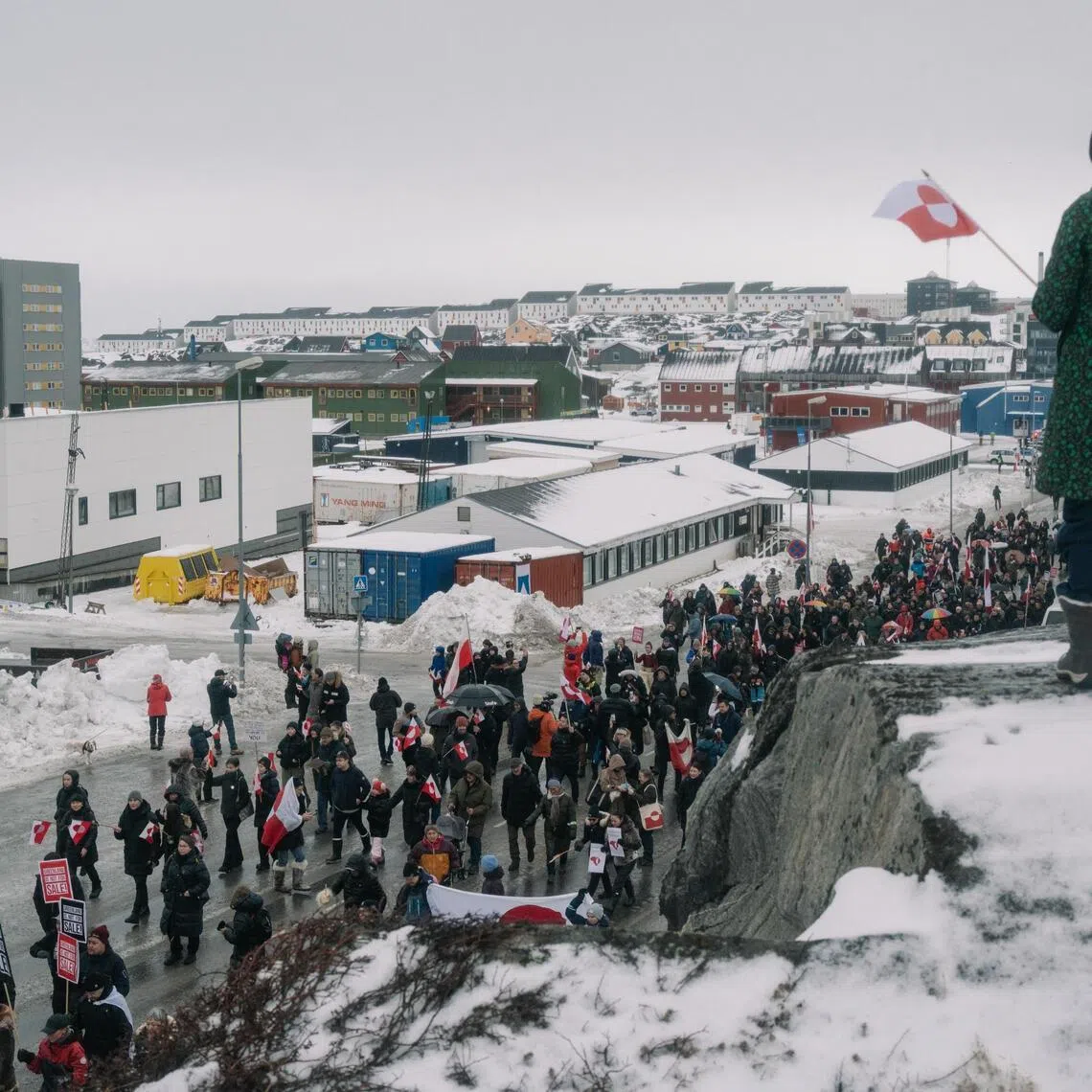 A march protesting President Donald TrumpÕs threats regarding Greenland in the territoryÕs city of Nuuk, Jan. 17, 2026. European Union ambassadors held an emergency meeting on Sunday, Jan. 18, 2026, regarding TrumpÕs threat of punishing tariffs if he does not get his way over acquiring Greenland, and leaders from across the 27-nation bloc will meet in Brussels later this week. (Juliette Pavy/The New York Times)