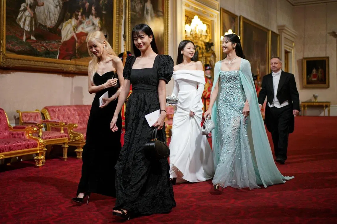 Members of South Korean girl band Blackpink  arrive for a State Banquet at Buckingham Palace in central London on Nov 21, 2023, for South Korea's President Yoon Suk-yeol and his wife Kim Keon-hee on their first day of a three-day state visit to the UK. 