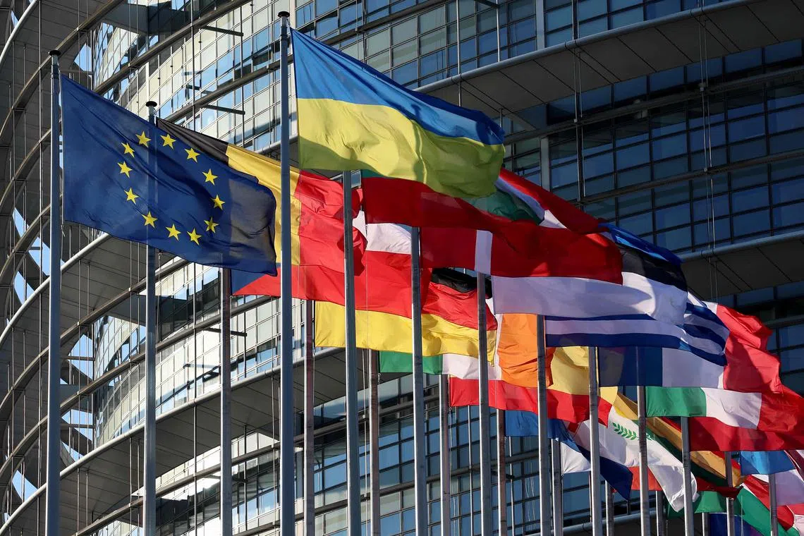 European countries' flags - including Ukraine's - flying outside the European Parliament, in Strasbourg, France. 
