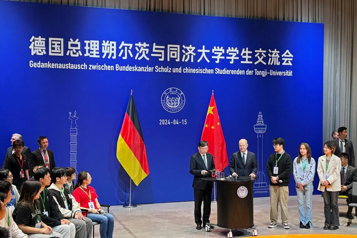 German Chancellor Olaf Scholz attends an event with students at Tongji University in Shanghai, China April 15, 2024. REUTERS/Andreas Rinke
