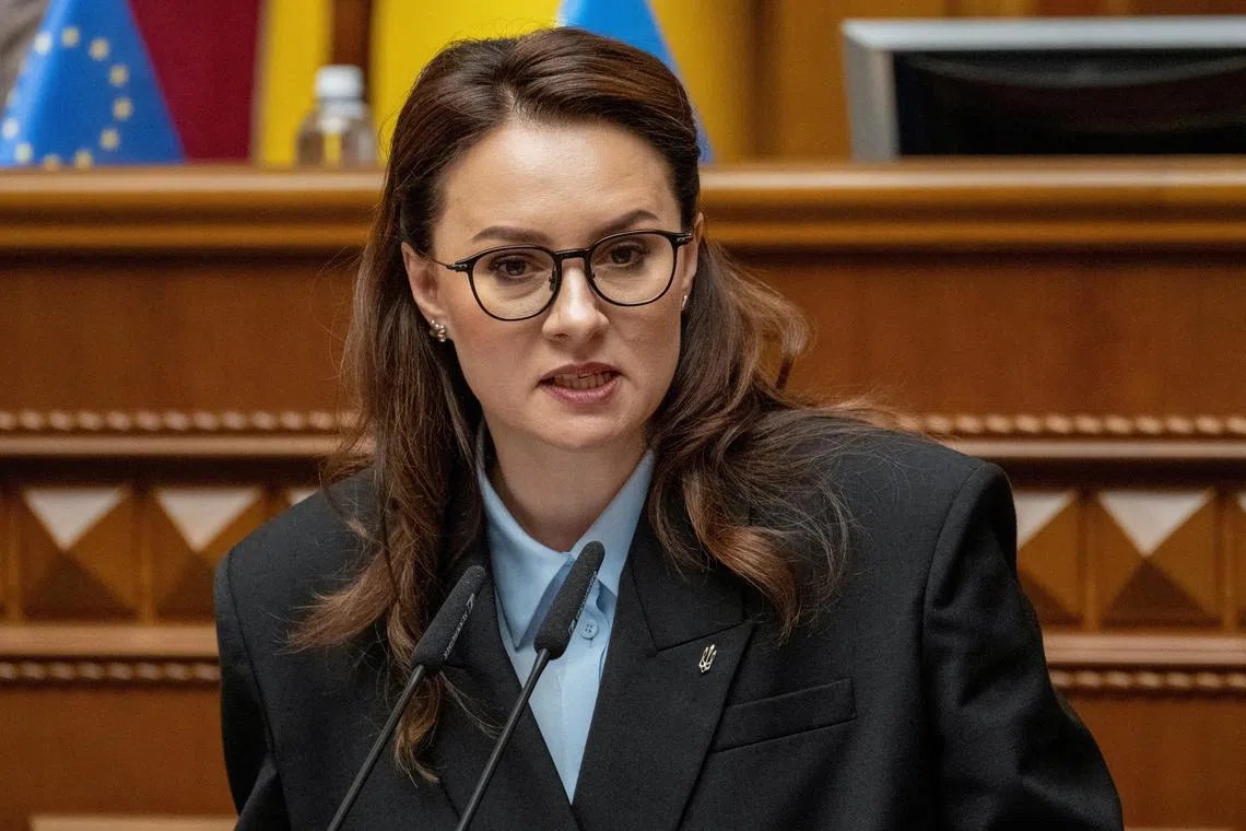 FILE PHOTO: Newly appointed Ukrainian Prime Minister Yulia Svyrydenko attends a session of Ukrainian parliament, amid Russia's attack on Ukraine, in Kyiv, Ukraine July 17, 2025. REUTERS/Andrii Nesterenko/File Photo