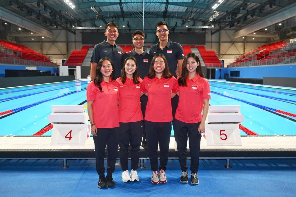 The Singapore contingent for the World Aquatics Championships (clockwise from back row): water polo captain Lee Kai Yang, open water swimmer Ritchie Oh, swimmer Mikkel Lee, artistic swimmer Claire Tan, swimmer Gan Ching Hwee, diver Ashlee Tan and women’s water polo captain Abielle Yeo.