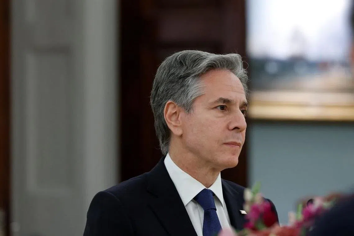 U.S. Secretary of State Antony Blinken meets with Thai Foreign Minister Parnpree Bahiddha-Nukara at the State Department in Washington, U.S., February 12, 2024. REUTERS/Evelyn Hockstein