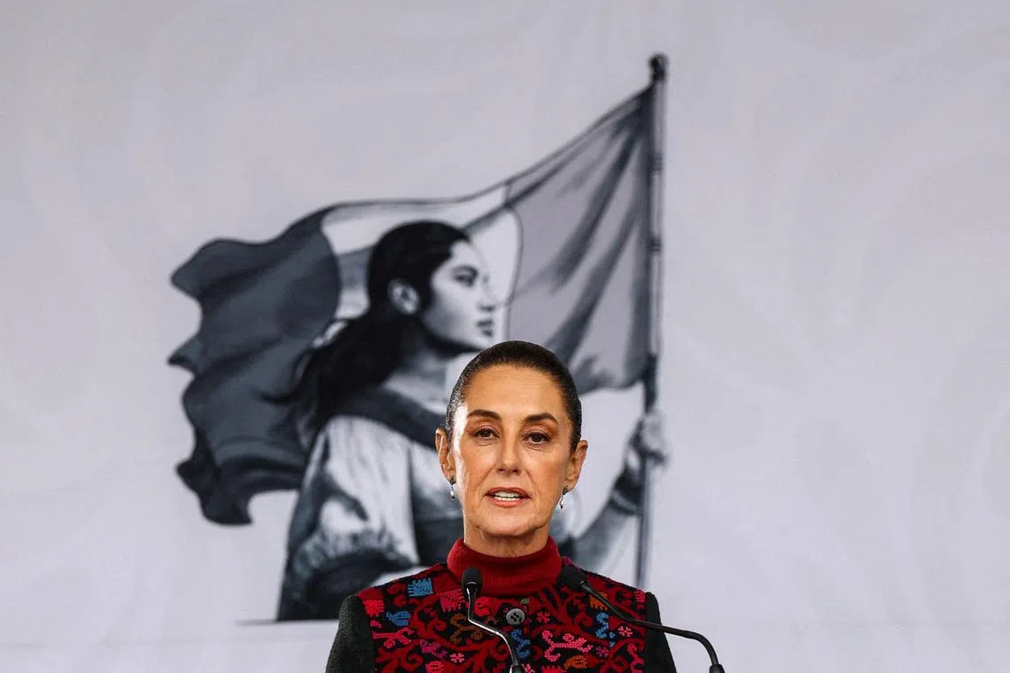 Mexican President Claudia Sheinbaum speaks, on the day of the 114th anniversary of the Mexican Revolution, in Mexico City, Mexico November 20, 2024. REUTERS/Raquel Cunha
