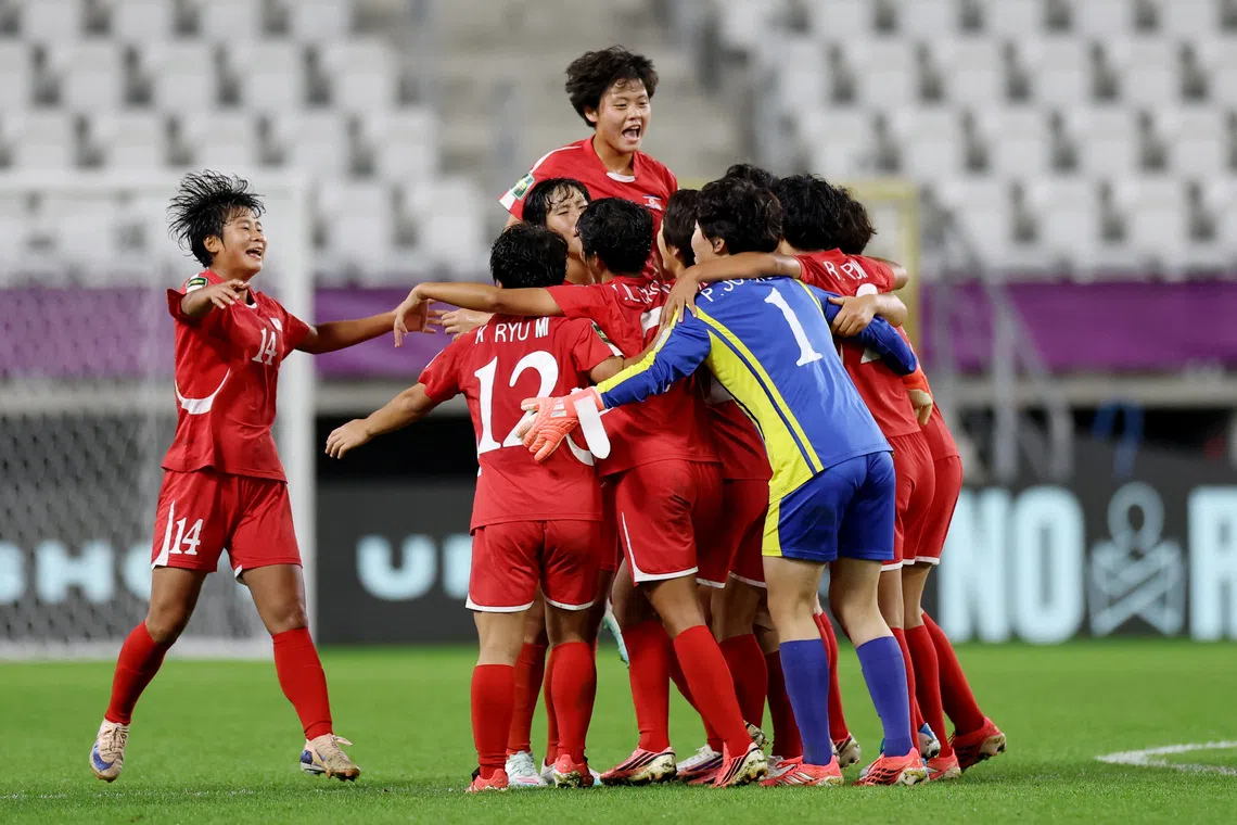 Soccer Football - FIFA Under-20 Women's World Cup - Semi Final - North Korea v Colombia - Stadion Miejski LKS, Lodz, Poland - September 23, 2026 North Korea players celebrate after the match REUTERS/Kacper Pempel