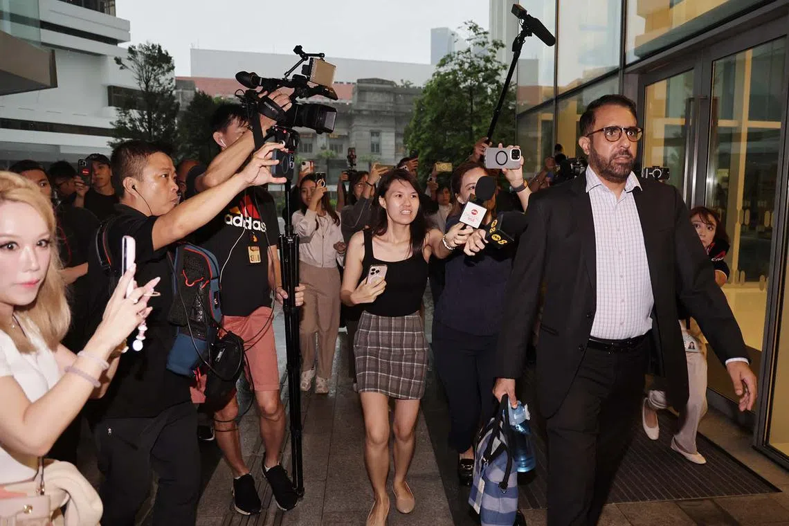 Leader of the Opposition and Workers' Party chief Pritam Singh (right) arriving at Singapore's State Courts for a trial over his alleged lies to Parliament, on Oct 14, 2024.