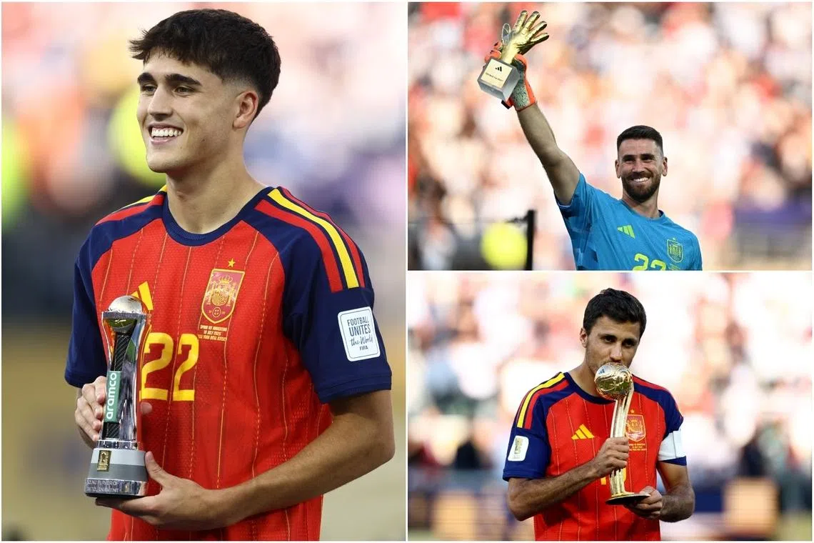 (Clockwise from left) Spain’s Pau Cubarsi picked up the Young Player of the Tournament, goalkeeper Simon won the Golden Glove and captain Rodri was awarded the Golden Ball.