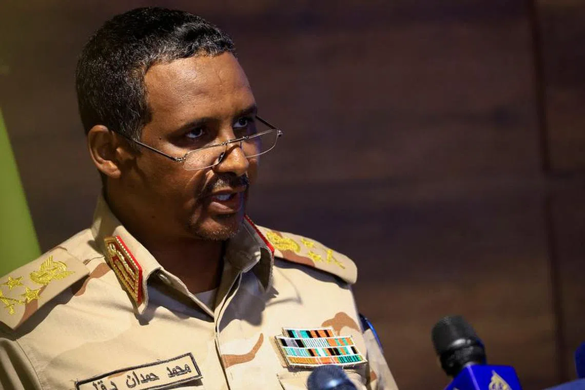 FILE PHOTO: Deputy head of Sudan's sovereign council General Mohamed Hamdan Dagalo speaks during a press conference at Rapid Support Forces head quarter in Khartoum, Sudan February 19, 2023. REUTERS/Mohamed Nureldin Abdallah