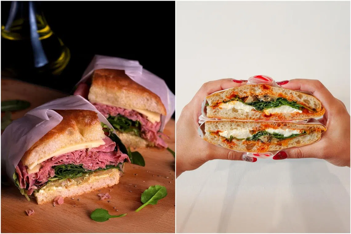 (From left) Cat & the Fiddle's beef pastrami schiacciata sandwich, Mamma Mia Focaccia's 'Nduja sandwich.