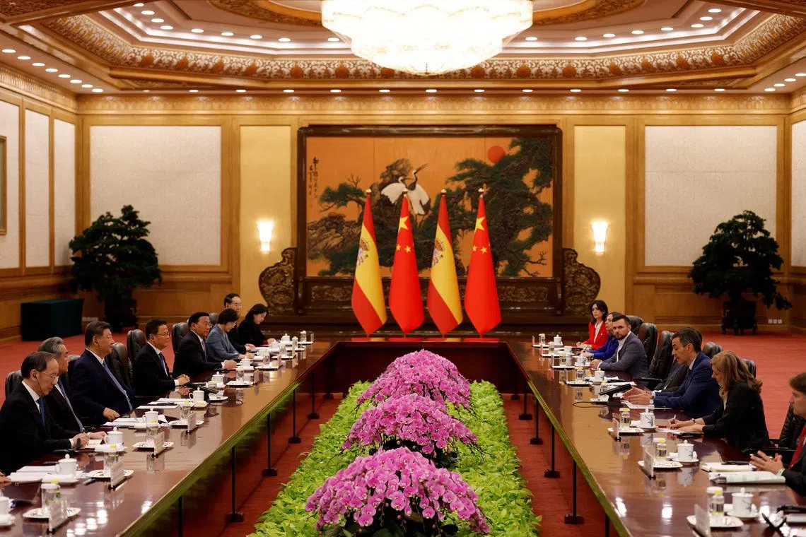 Chinese President Xi Jinping meeting Spanish Prime Minister Pedro Sanchez in Beijing on April 14.