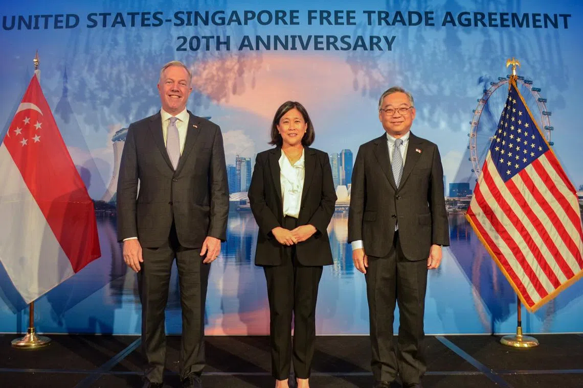 Minister Gan Kim Yong at a reception commemorating the 20th anniversary of the US-Singapore Free Trade Agreement, alongside US Trade Representative (USTR) Ambassador Katherine Tai and USABC President and CEO Ambassador Ted Osius on April 29, 2024. 