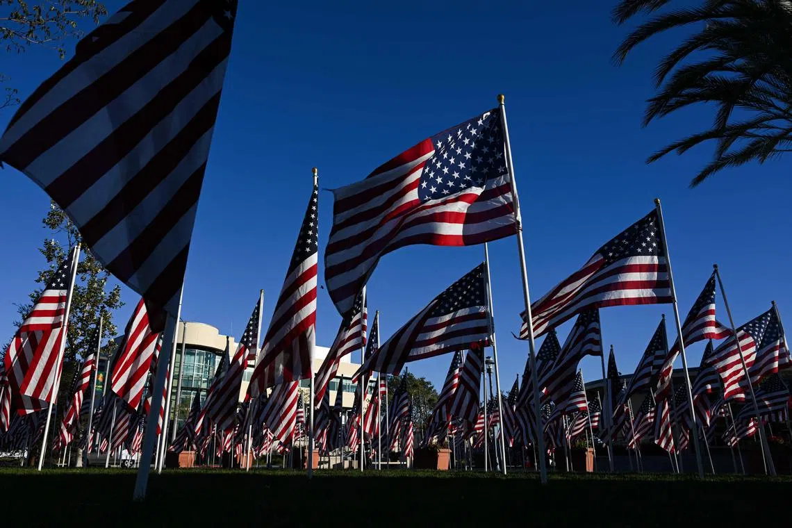 US flags displayed ahead of the Veterans Day holiday outside of City Hall in Lawndale, California, on Nov 9, 2022.