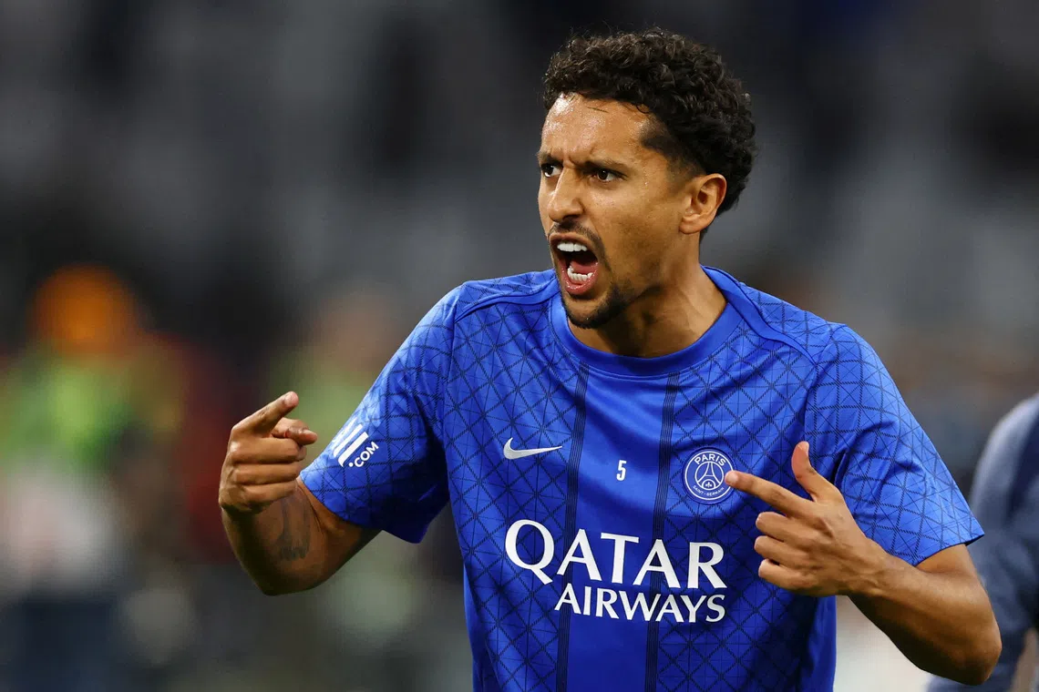 FILE PHOTO: Soccer Football - Ligue 1 - Olympique de Marseille v Paris St Germain - Orange Velodrome, Marseille, France - September 22, 2025 Paris St Germain's Marquinhos during the warm up before the match REUTERS/Manon Cruz/File Photo