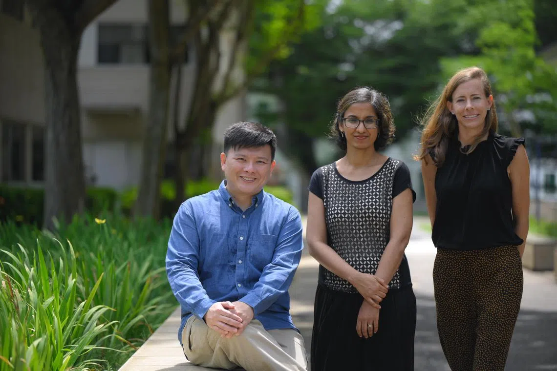 Assistant Professor Chetna Malhotra (centre) and Dr Ellie Bostwick Andres (right); researchers who were involved in the study “Caregiver-reported use of physical restraints among community-dwelling older adults with severe dementia in Singapore” and Daniel Lim, a caregiver whose late father had dementia, pictured on June 7, 2024.