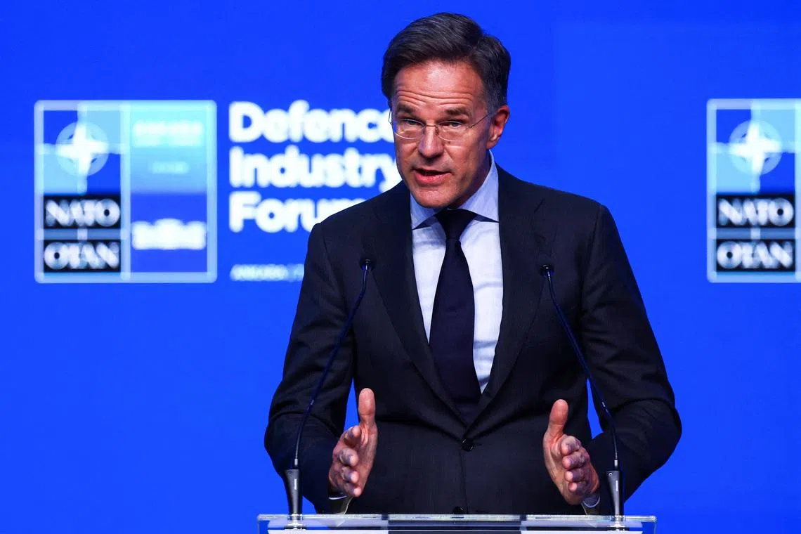 NATO Secretary General Mark Rutte delivers the keynote speech at the NATO Summit Defence Industry Forum, on the sidelines of the NATO leaders' Summit, in Ankara, Turkey, July 7, 2026. REUTERS/Yves Herman