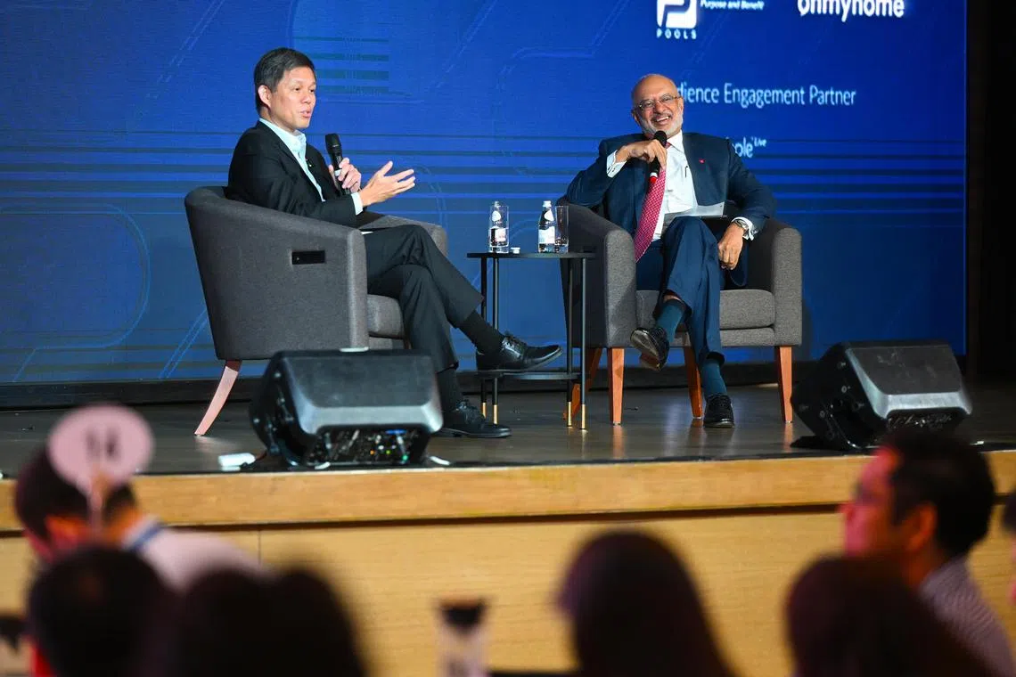 Education Minister Chan Chun Sing (left) was discussing the topic of social mobility with chief executive of DBS group Piyush Gupta on April 5. 