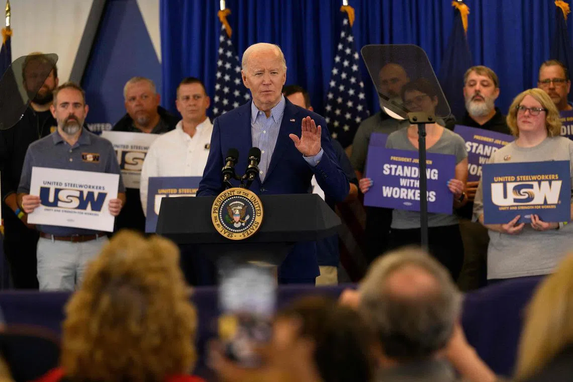 US President Joe Biden speaks to members of the United Steel Workers Union, in Pittsburgh, Pennsylvania. 