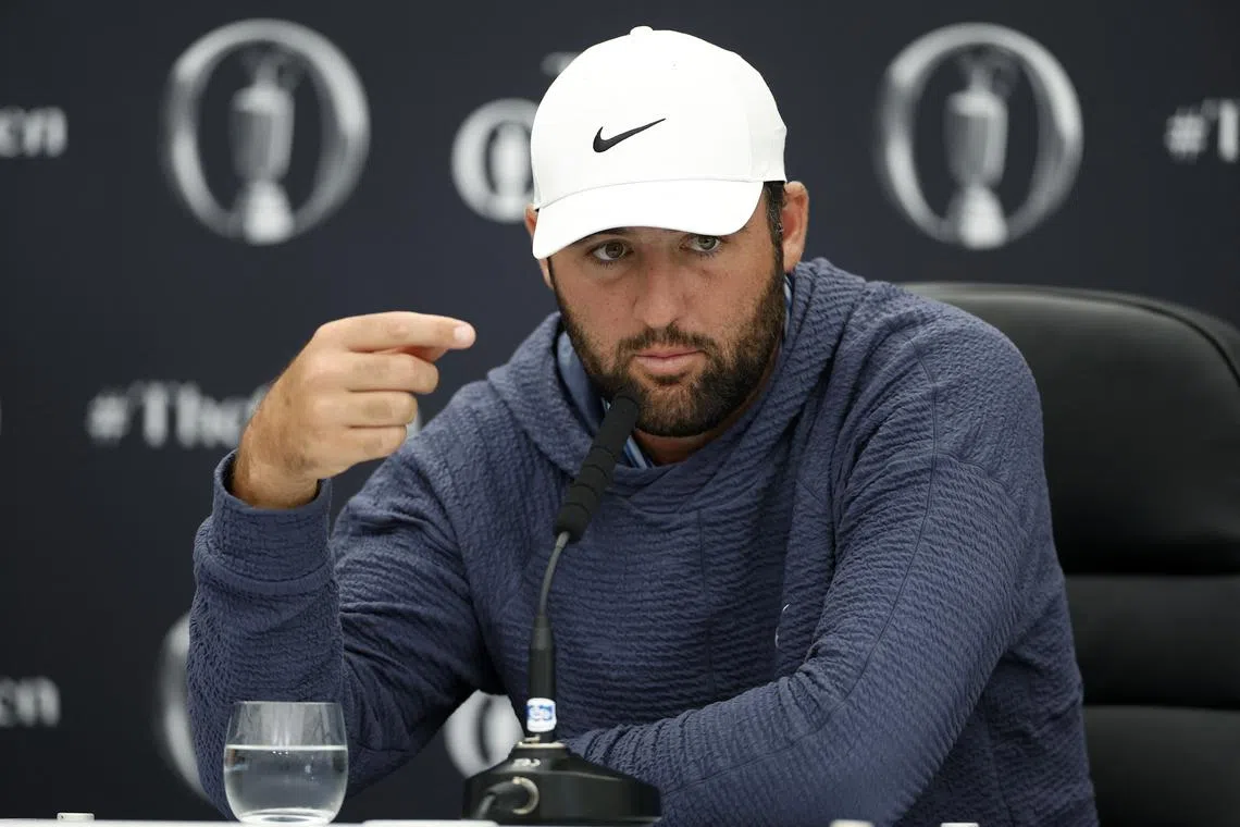 Golf - The 152nd Open Championship - Royal Troon Golf Club, Troon, Scotland, Britain - July 16, 2024 Scottie Scheffler of the U.S. during the press conference REUTERS/Jason Cairnduff