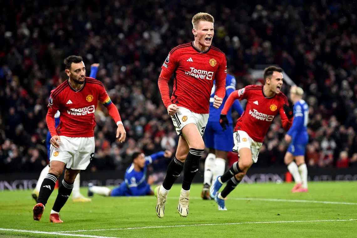 Scott McTominay celebrates after scoring his second goal in the 2-1 English Premier League win over Chelsea.