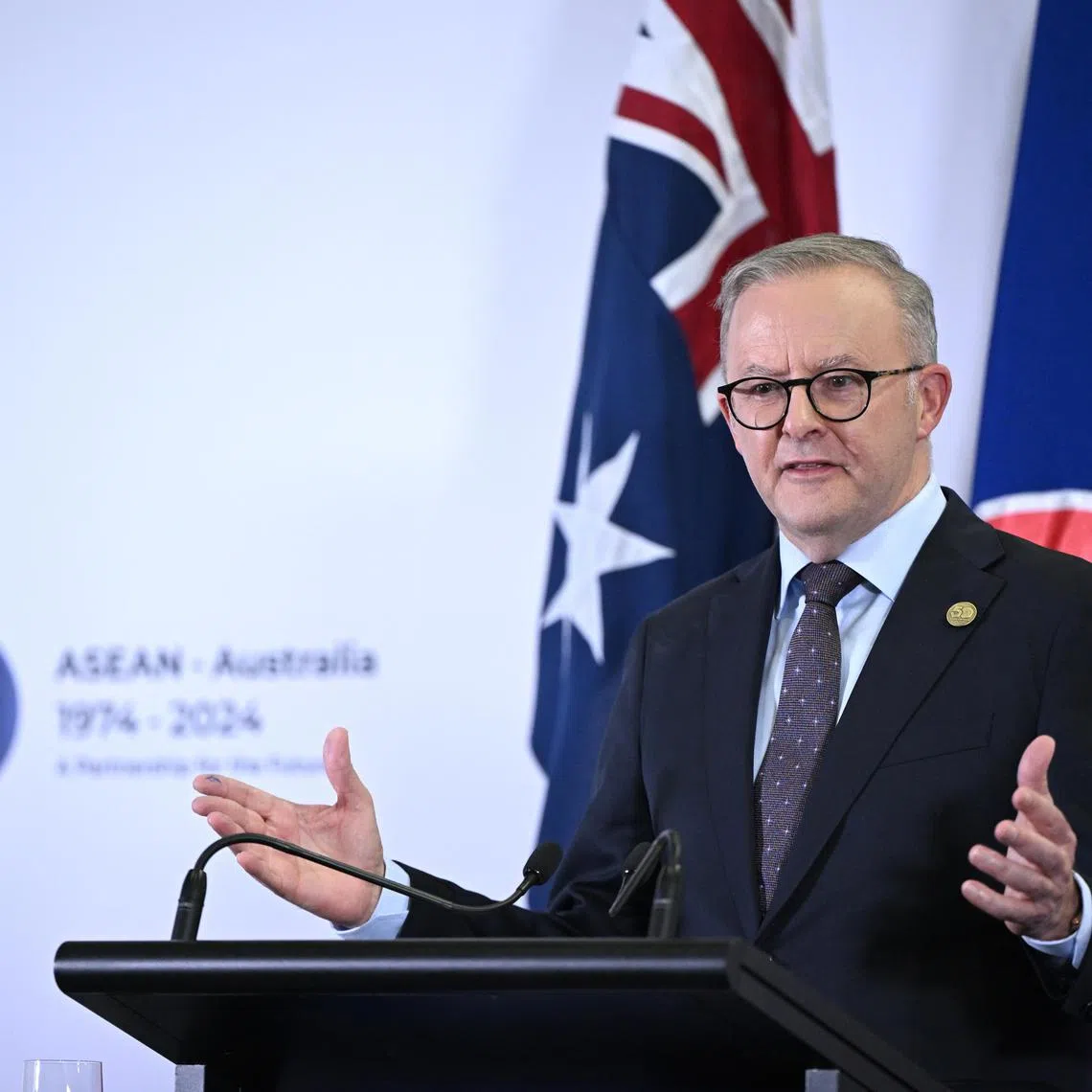 Australian PM Anthony Albanese speaking with local media during the 2024 Asean-Australia Special Summit in Melbourne, on March 6.