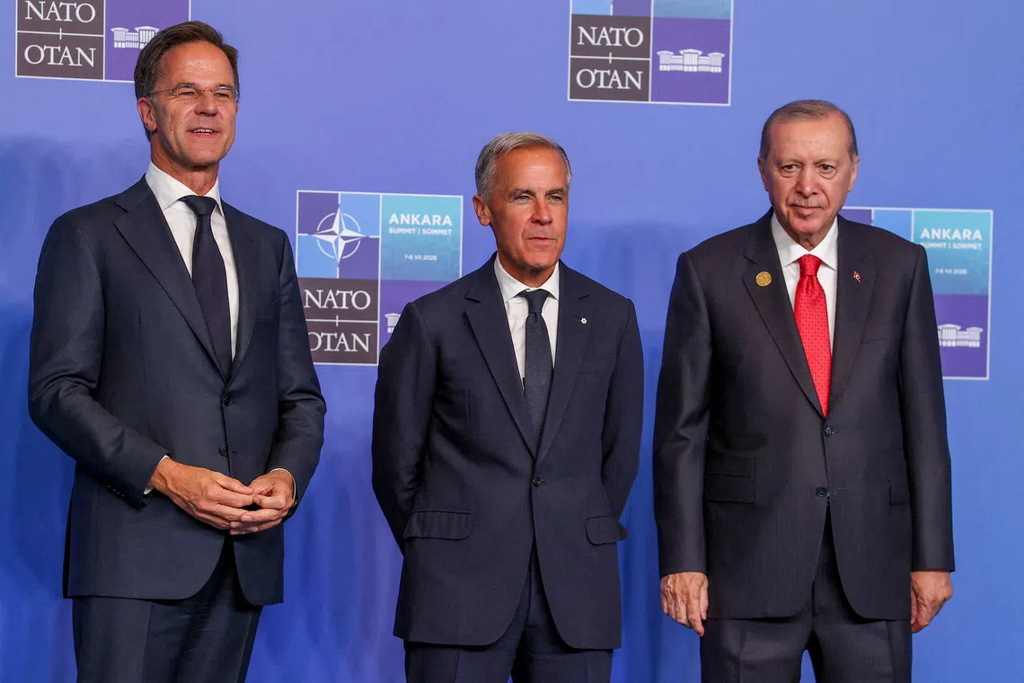 FILE PHOTO: NATO Secretary-General Mark Rutte, Canada's Prime Minister Mark Carney and Turkey's President Tayyip Erdogan attend a NATO leaders' summit in Ankara, Turkey, July 8, 2026. REUTERS/Umit Bektas/File Photo