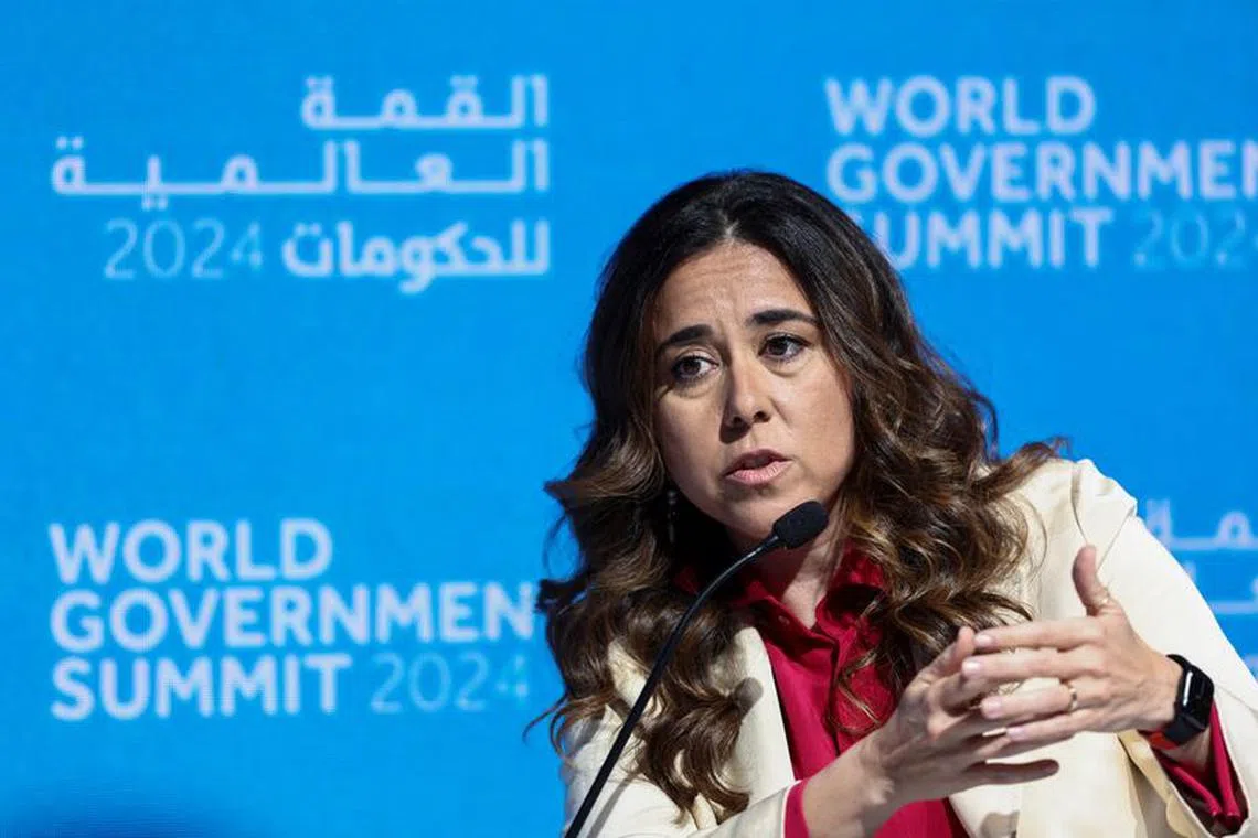 UAE Ambassador to the UN Lana Nusseibeh, speaks during a session titled \"Navigating Challenges to International Peace and Security,\" at the World Governments Summit, in Dubai, United Arab Emirates, February 12, 2024. REUTERS/Amr Alfiky