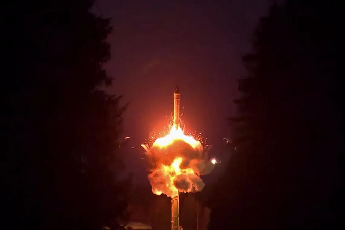 A Yars intercontinental ballistic missile is fired during a training exercise of the forces and equipment of ground, sea and air.