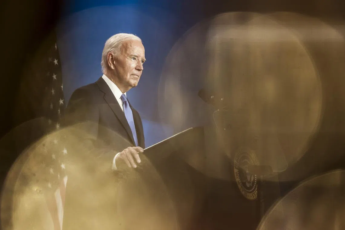 epa11473519 US President Joe Biden speaks during a press conference on the sidelines of the 75th Anniversary of the North Atlantic Treaty Organization (NATO) Summit at the Walter E. Washington Convention Center in Washington, DC, USA, 10 July 2024. President Biden is under increasing pressure from Democrats to step aside as the party’s presidential candidate.  EPA-EFE/JIM LO SCALZO