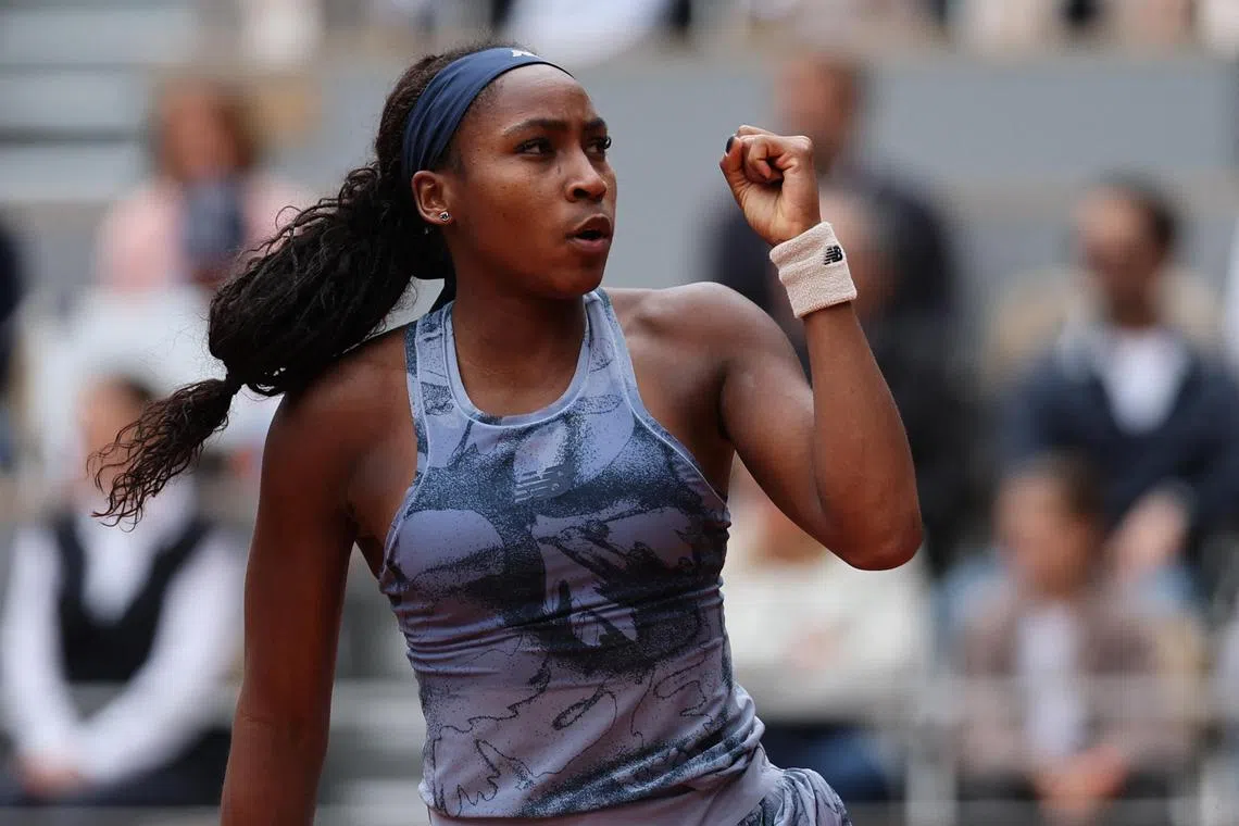 Coco Gauff reacts during her French Open final against Aryna Sabalenka.
