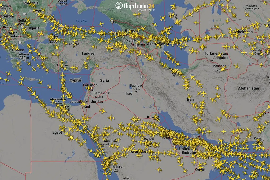 A graphical representation of air traffic shows airspace over Iran and the neighbouring Middle East at 0000 GMT, April 14, 2024. Flightradar24.Com/Handout via REUTERS