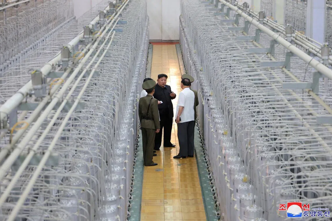 North Korean leader Kim Jong Un during a visit to the Nuclear Weapons Institute and a production base of weapons-grade nuclear materials on Sept 13.