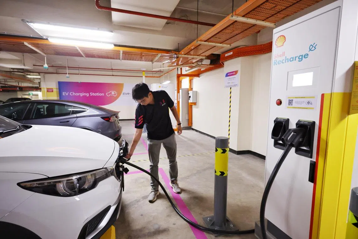 A new electric vehicle (EV) charging station at the carpark of HDB Hub pictured on Jan 18, 2024.