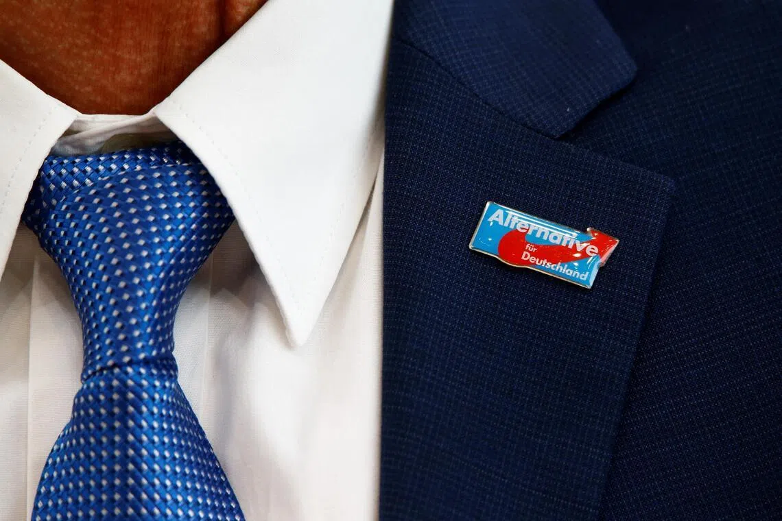 An AfD badge on the jacket of an Alternative for Germany politician.