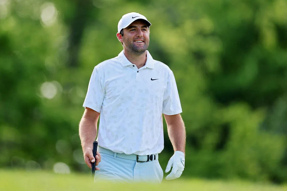 Leader Scottie Scheffler of the United States looking on from the 18th tee during the third round of the Memorial Tournament at Muirfield Village Golf Club on June 8 in Dublin, Ohio.