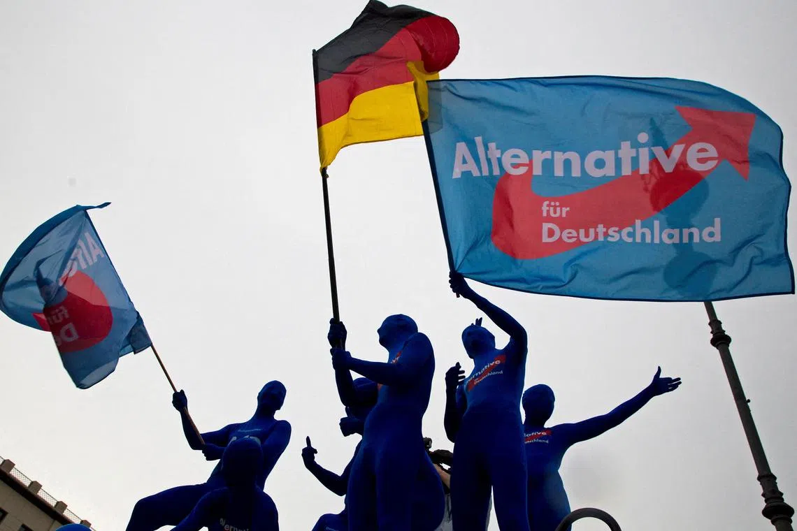 FILE PHOTO: Supporters of the Eurosceptic Alternative for Germany (AfD) party wear morph suits and wave flags during an event to rally support for Sunday's European Parliament elections at the Brandenburg Gate in Berlin May 23, 2014.  REUTERS/Thomas Peter/File Photo