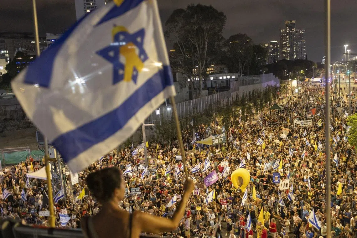Israeli protesters call for the release of hostages and an end to the war in Gaza.
