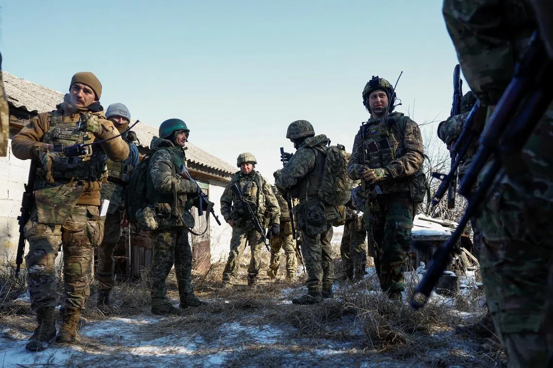 FILE PHOTO: Ukrainian service members of the 68th Jaeger Brigade named after Oleksa Dovbush attend military exercises at a training ground, amid Russia's attack on Ukraine, in Dnipropetrovsk region, Ukraine February 20, 2025. REUTERS/Valentyn Ogirenko/File Photo