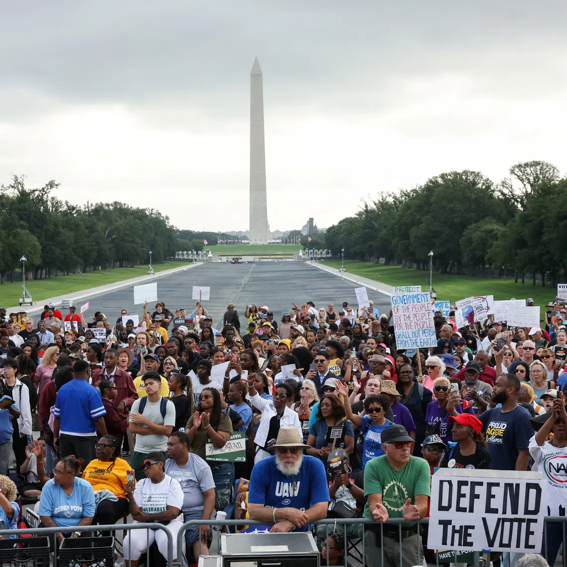 People attend the \"March on Washington 2026: Defend the Vote\" rally and march for voting rights, at the Lincoln Memorial in Washington D.C., U.S., August 28, 2026. REUTERS/Leah Millis