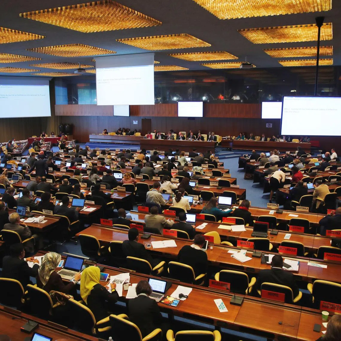 Overview taken during a meeting of the Governing Body on Qatar at the International Labor Organization (ILO) in Geneva, Switzerland, November 8, 2017. REUTERS/Denis Balibouse/ File Photo