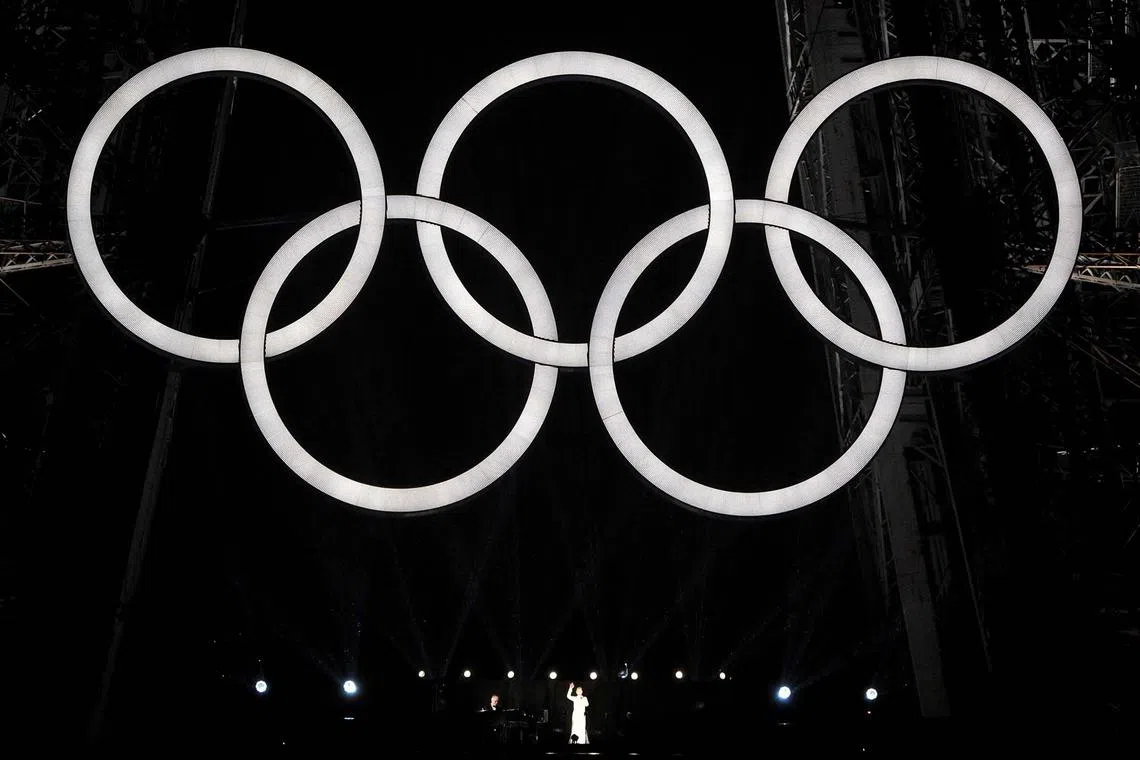 Canadian singer Celine Dion performs under the Olympic rings on the Eiffel Tower during the finale of the Paris 2024 Olympics opening ceremony held on 26 July, 2024.