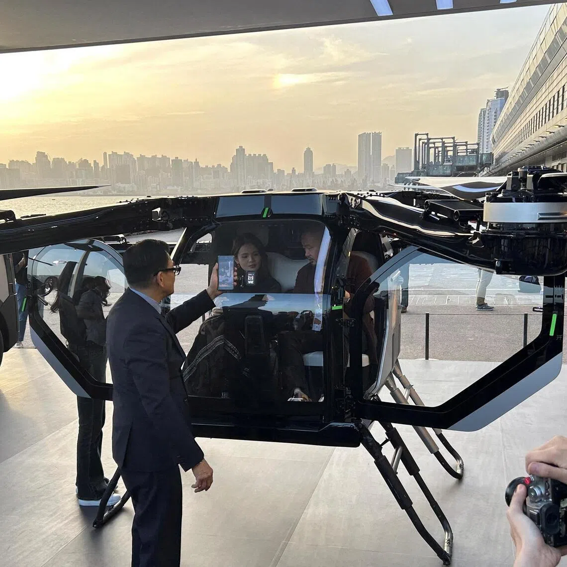 Chinese electric vehicle maker Xpeng displays a concept flying car at an event by the Victoria Harbour in Hong Kong on April 15.
