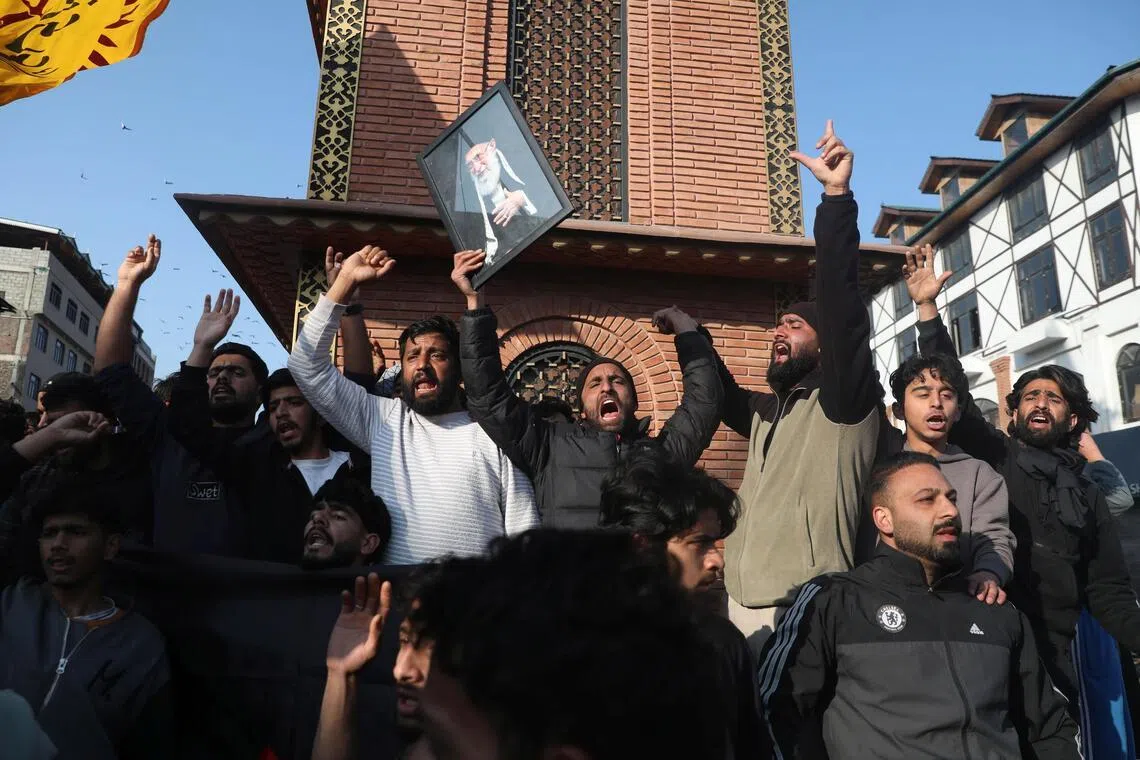 A protest in Srinagar, the main city of Indian Kashmir, on March 1, against the killing of Iran’s supreme leader Ayatollah Ali Khamenei.