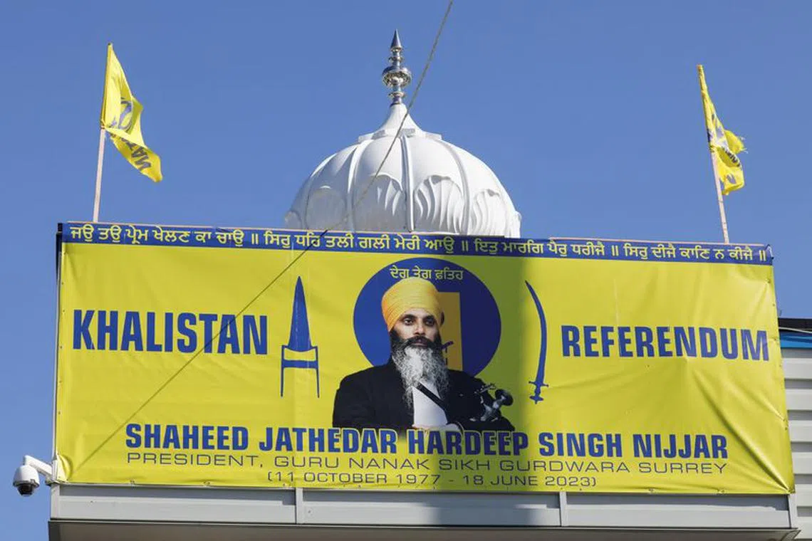 A sign outside the Guru Nanak Sikh Gurdwara temple is seen after the killing on its grounds in June 2023 of Sikh leader Hardeep Singh Nijjar, in Surrey, British Columbia, Canada September 18, 2023.  REUTERS/Chris Helgren