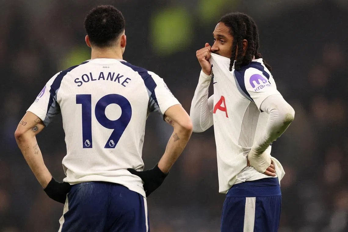 Soccer Football - Premier League - Tottenham Hotspur v Newcastle United - Tottenham Hotspur Stadium, London, Britain - February 10, 2026  Tottenham Hotspur's Djed Spence and Tottenham Hotspur's Dominic Solanke look dejected after the match REUTERS/Chris Radburn